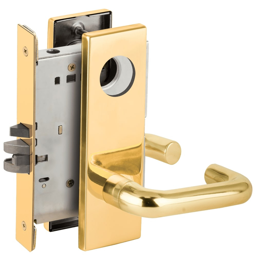 L9076L-03N-605-RX Schlage L Series Less Cylinder Classroom Holdback - Request to Exit Mortise Lock with 03 Cast Lever Design in Bright Brass