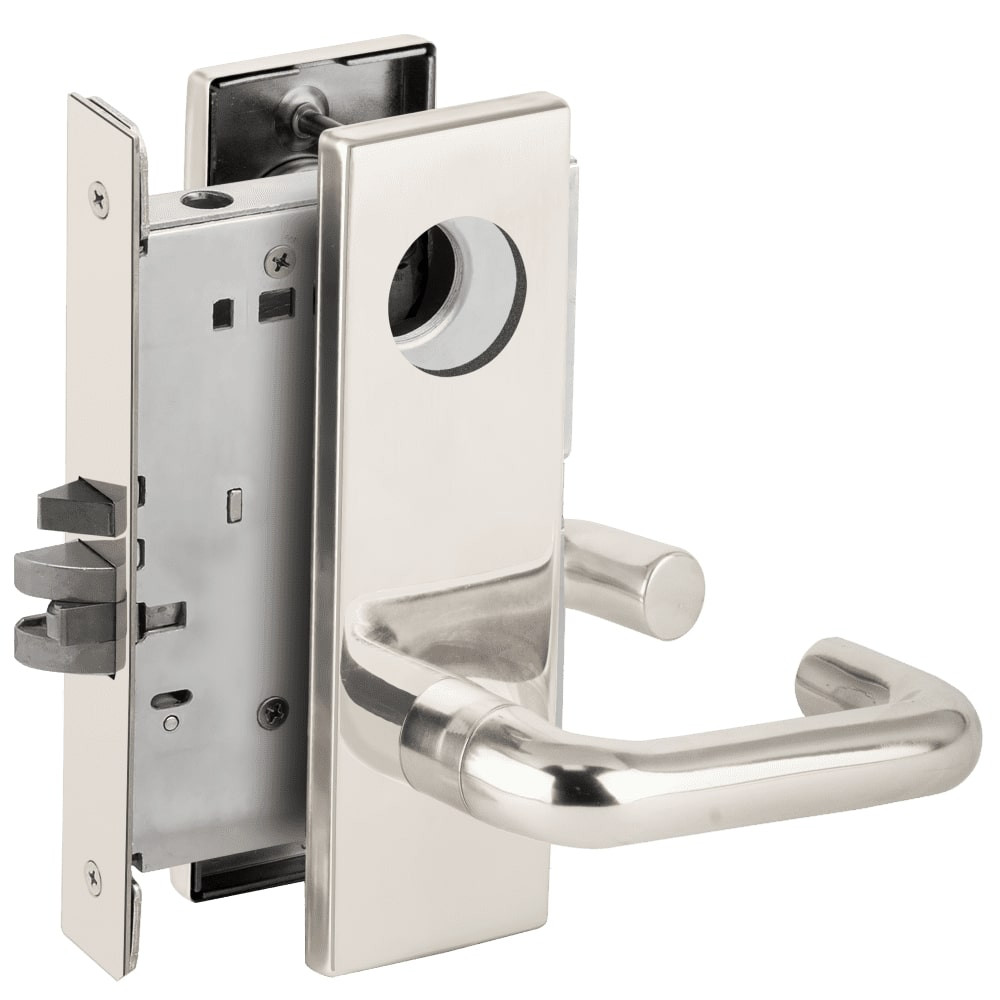 L9076L-03N-625-RX Schlage L Series Less Cylinder Classroom Holdback - Request to Exit Mortise Lock with 03 Cast Lever Design in Bright Chrome
