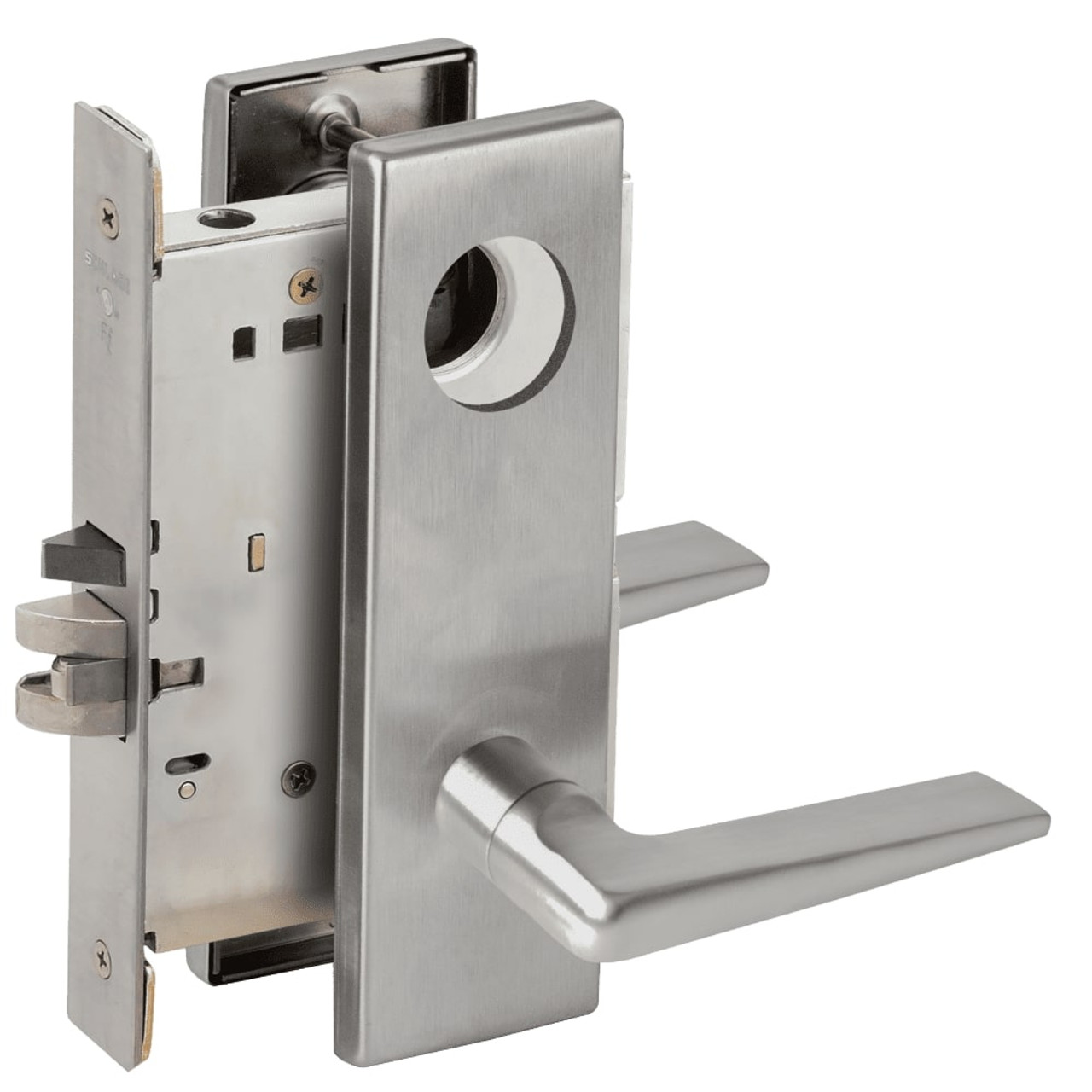 L9076L-05N-626-RX Schlage L Series Less Cylinder Classroom Holdback - Request to Exit Mortise Lock with 05 Cast Lever Design in Satin Chrome
