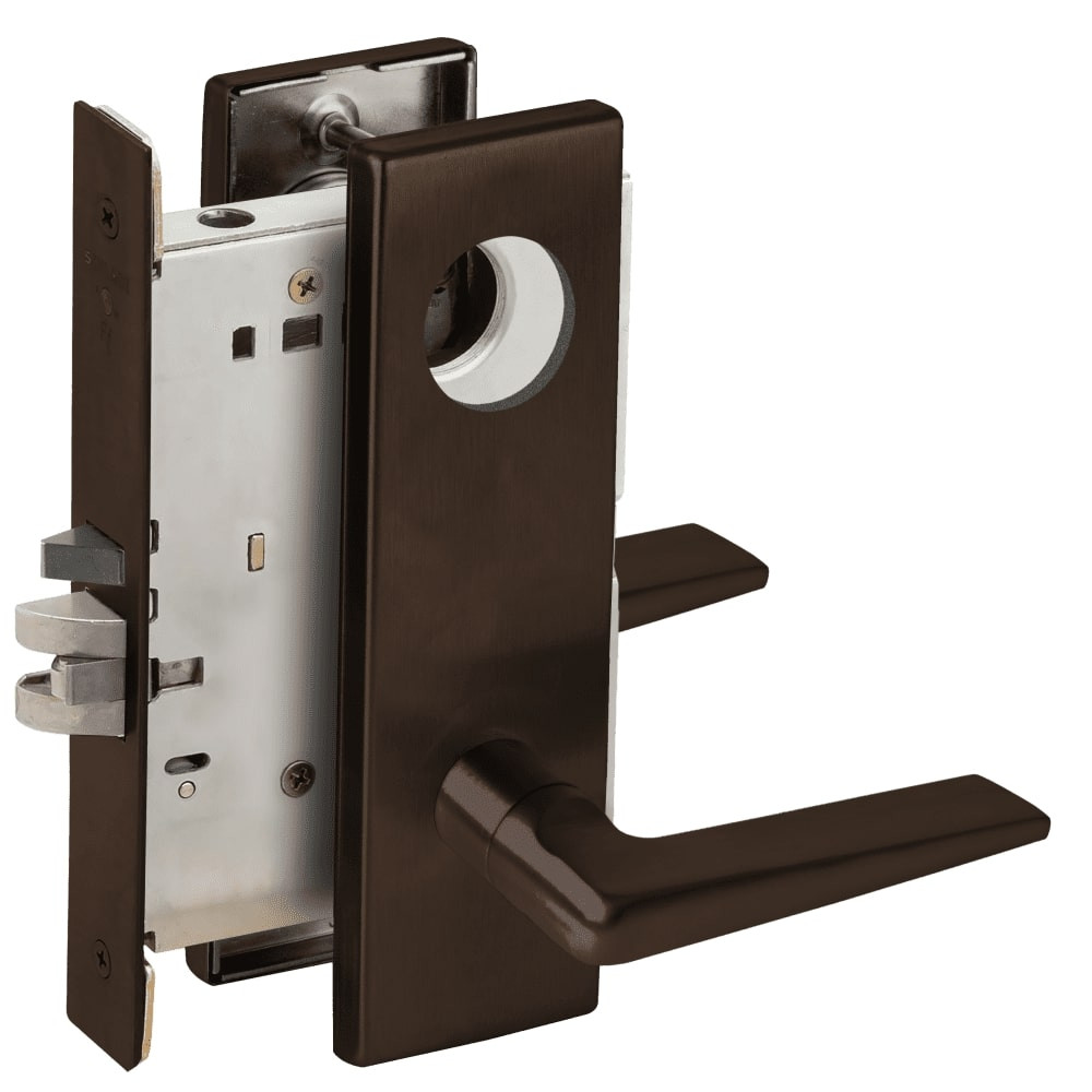 L9076L-05N-613-RX Schlage L Series Less Cylinder Classroom Holdback - Request to Exit Mortise Lock with 05 Cast Lever Design in Oil Rubbed Bronze