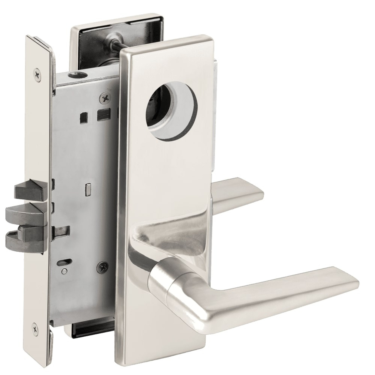 L9076L-05N-625-RX Schlage L Series Less Cylinder Classroom Holdback - Request to Exit Mortise Lock with 05 Cast Lever Design in Bright Chrome