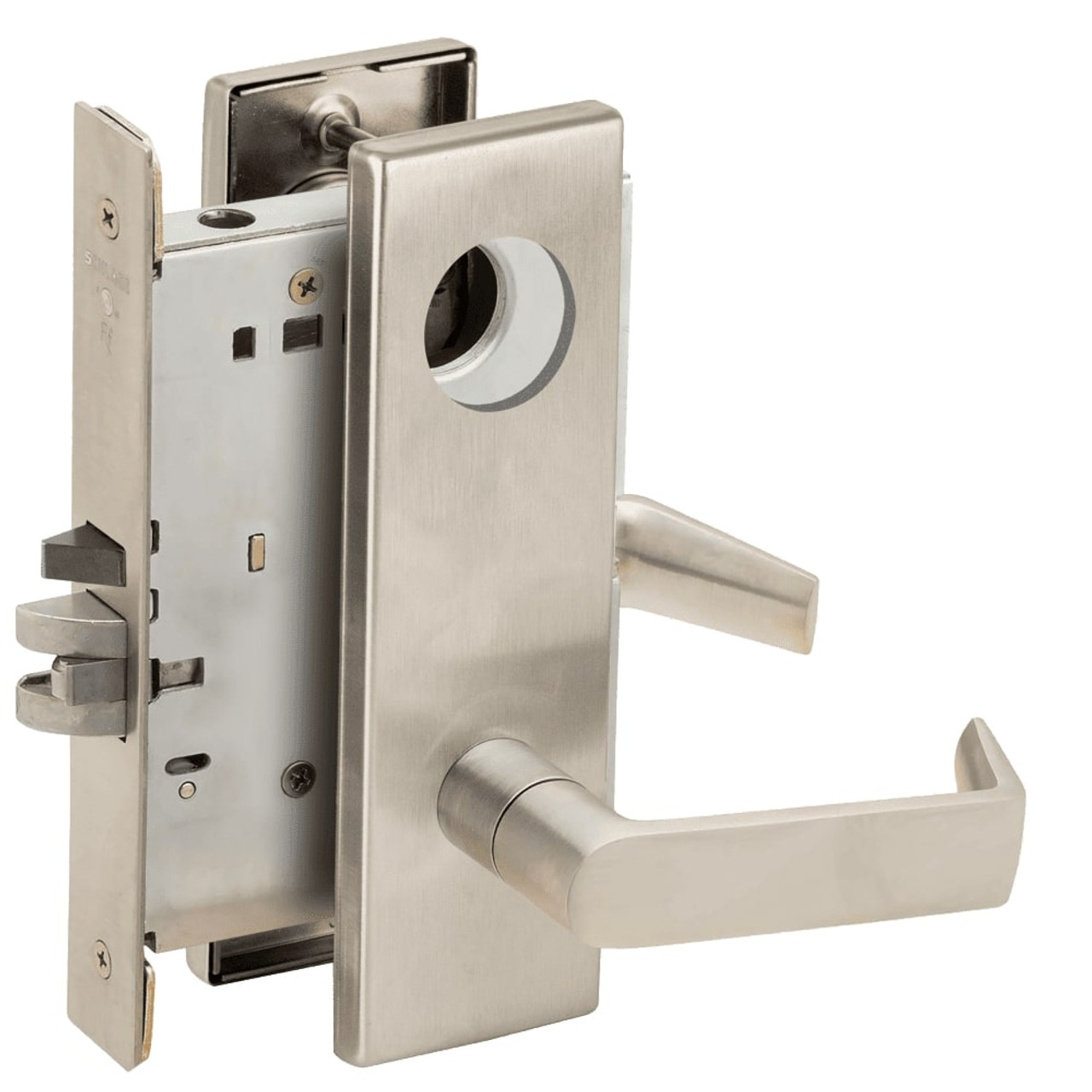 L9076L-06N-619-RX Schlage L Series Less Cylinder Classroom Holdback - Request to Exit Mortise Lock with 06 Cast Lever Design in Satin Nickel
