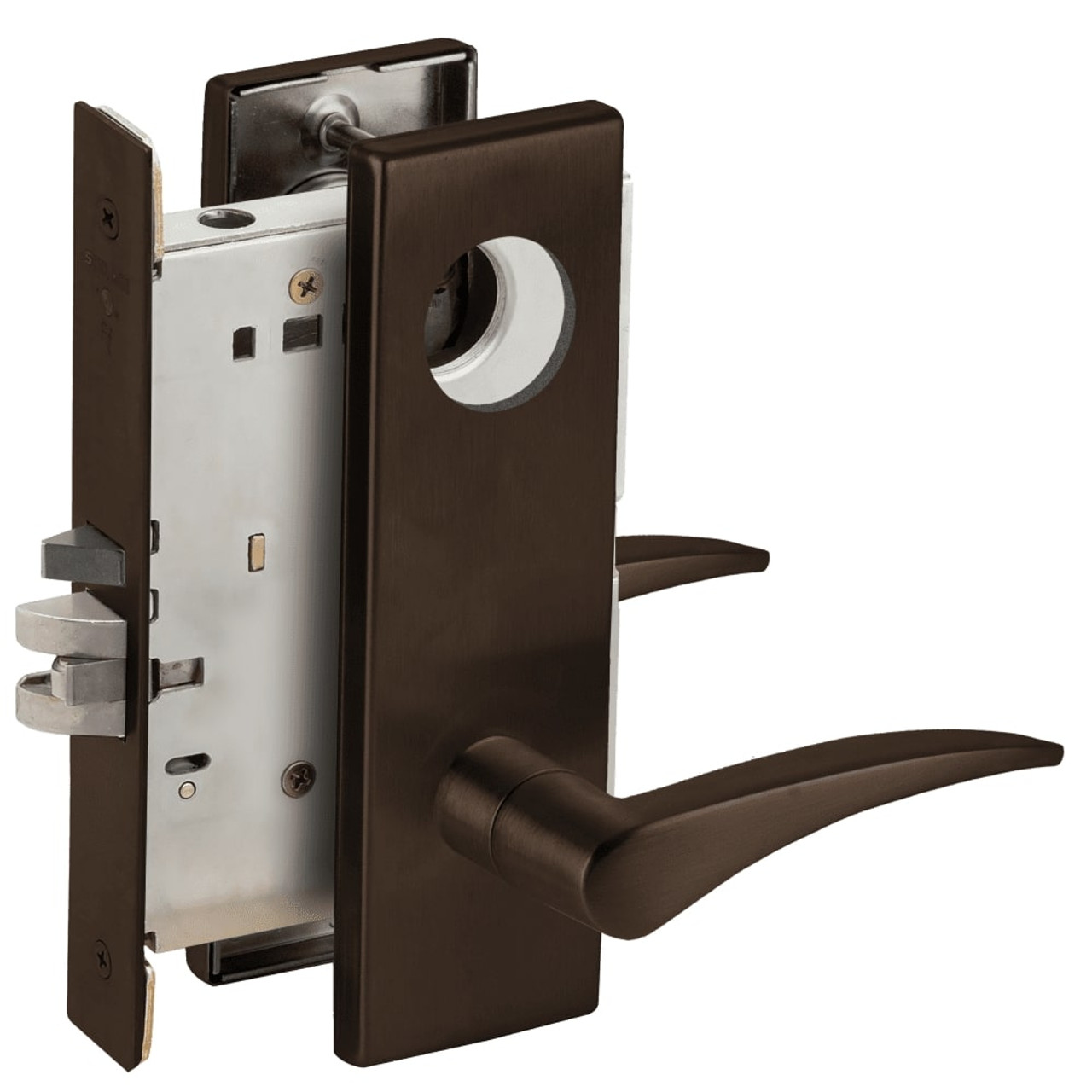 L9076L-12N-613-LH-RX Schlage L Series Less Cylinder Classroom Holdback - Request to Exit Mortise Lock with 12 Cast Lever Design in Oil Rubbed Bronze