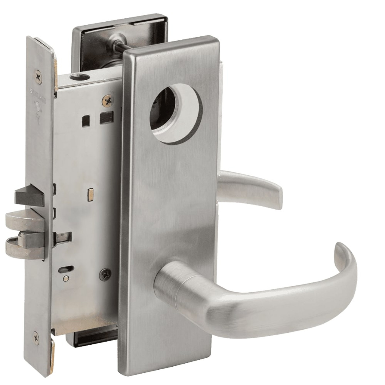 L9076L-17N-630-RX Schlage L Series Less Cylinder Classroom Holdback - Request to Exit Mortise Lock with 17 Cast Lever Design in Satin Stainless Steel