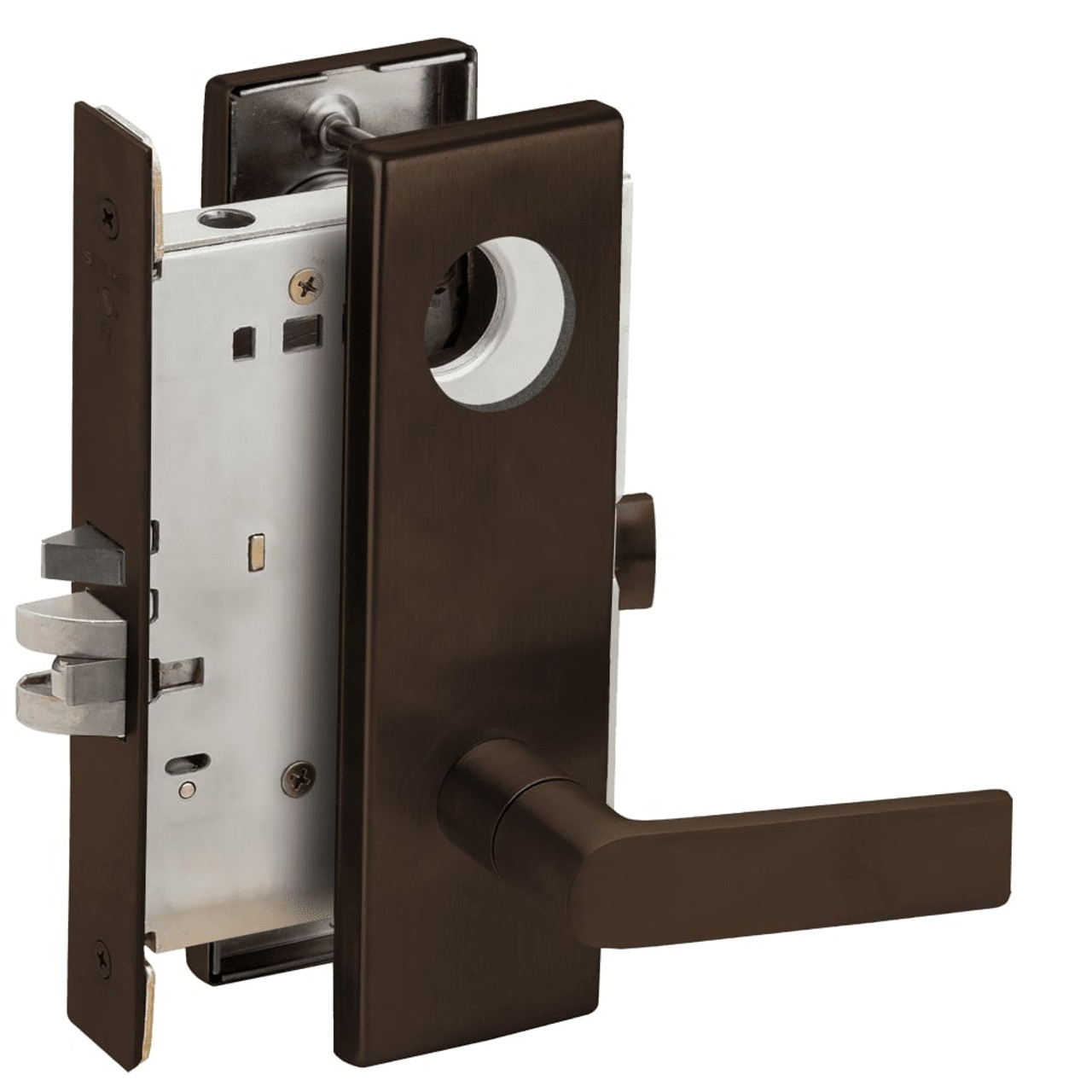 L9076L-01N-613-LX Schlage L Series Less Cylinder Classroom Holdback - Latchbolt Monitor Mortise Lock with 01 Cast Lever Design in Oil Rubbed Bronze