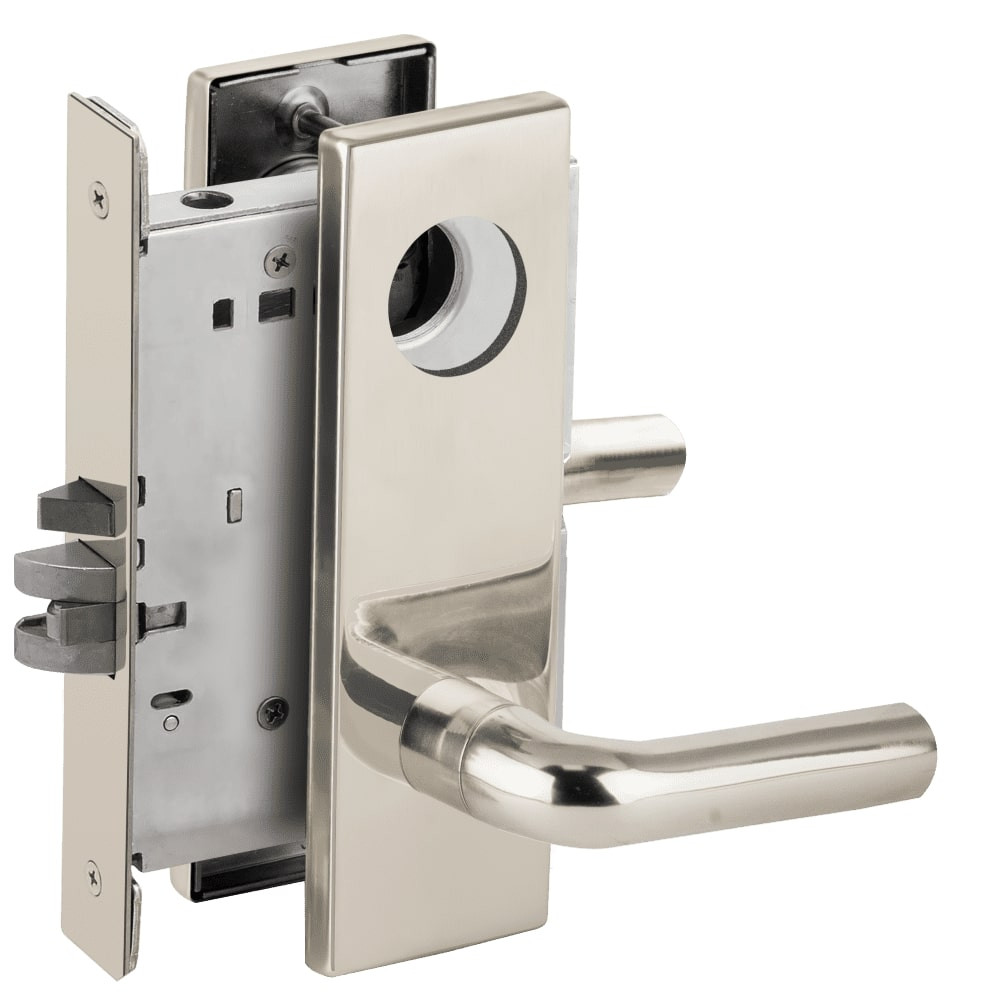 L9076L-02N-629-LX Schlage L Series Less Cylinder Classroom Holdback - Latchbolt Monitor Mortise Lock with 02 Cast Lever Design in Bright Stainless Steel