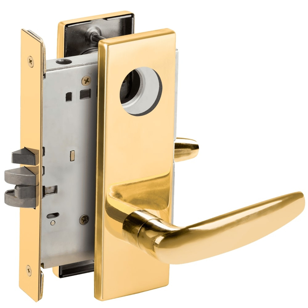 L9076L-07N-605-LX Schlage L Series Less Cylinder Classroom Holdback - Latchbolt Monitor Mortise Lock with 07 Cast Lever Design in Bright Brass