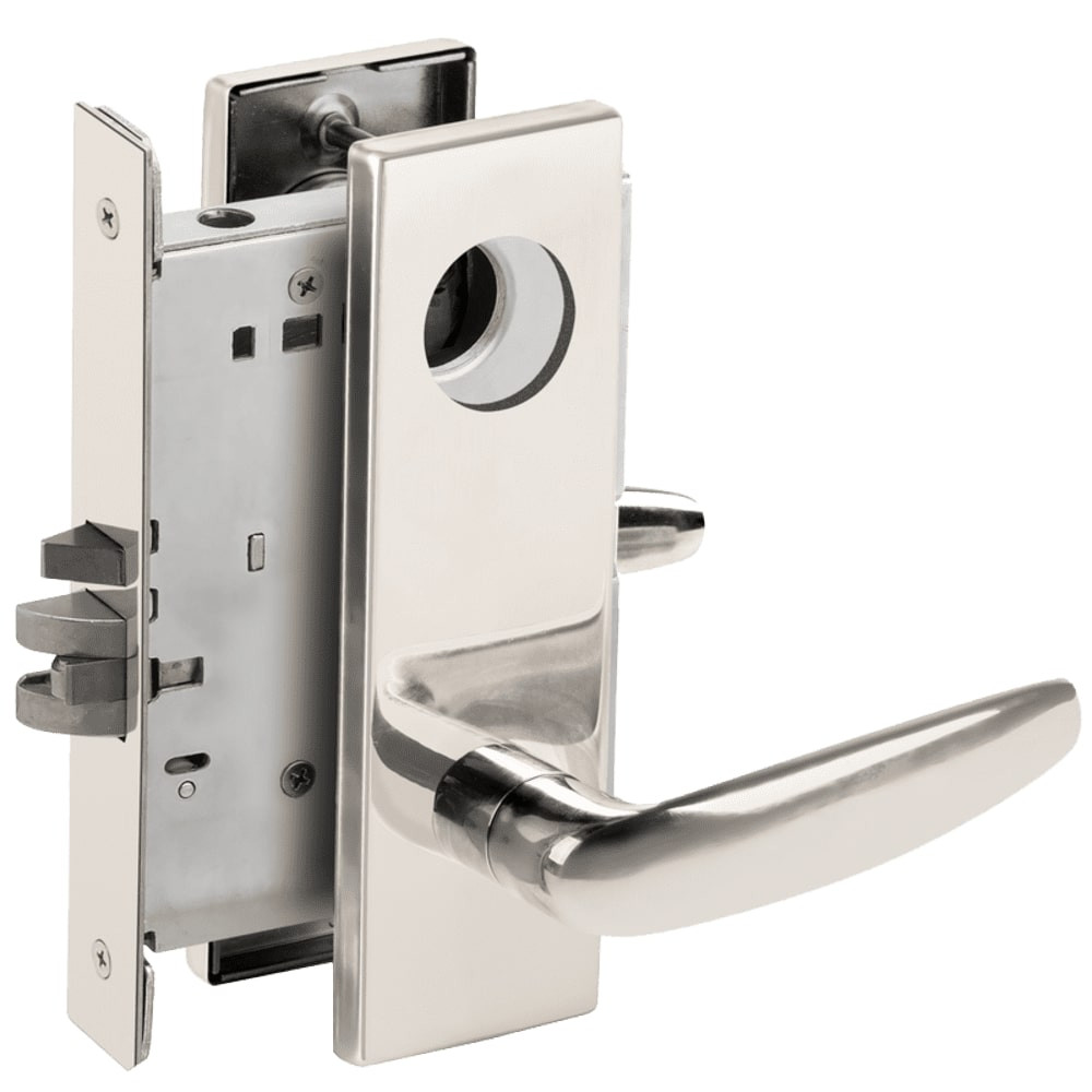 L9076L-07N-629-LX Schlage L Series Less Cylinder Classroom Holdback - Latchbolt Monitor Mortise Lock with 07 Cast Lever Design in Bright Stainless Steel
