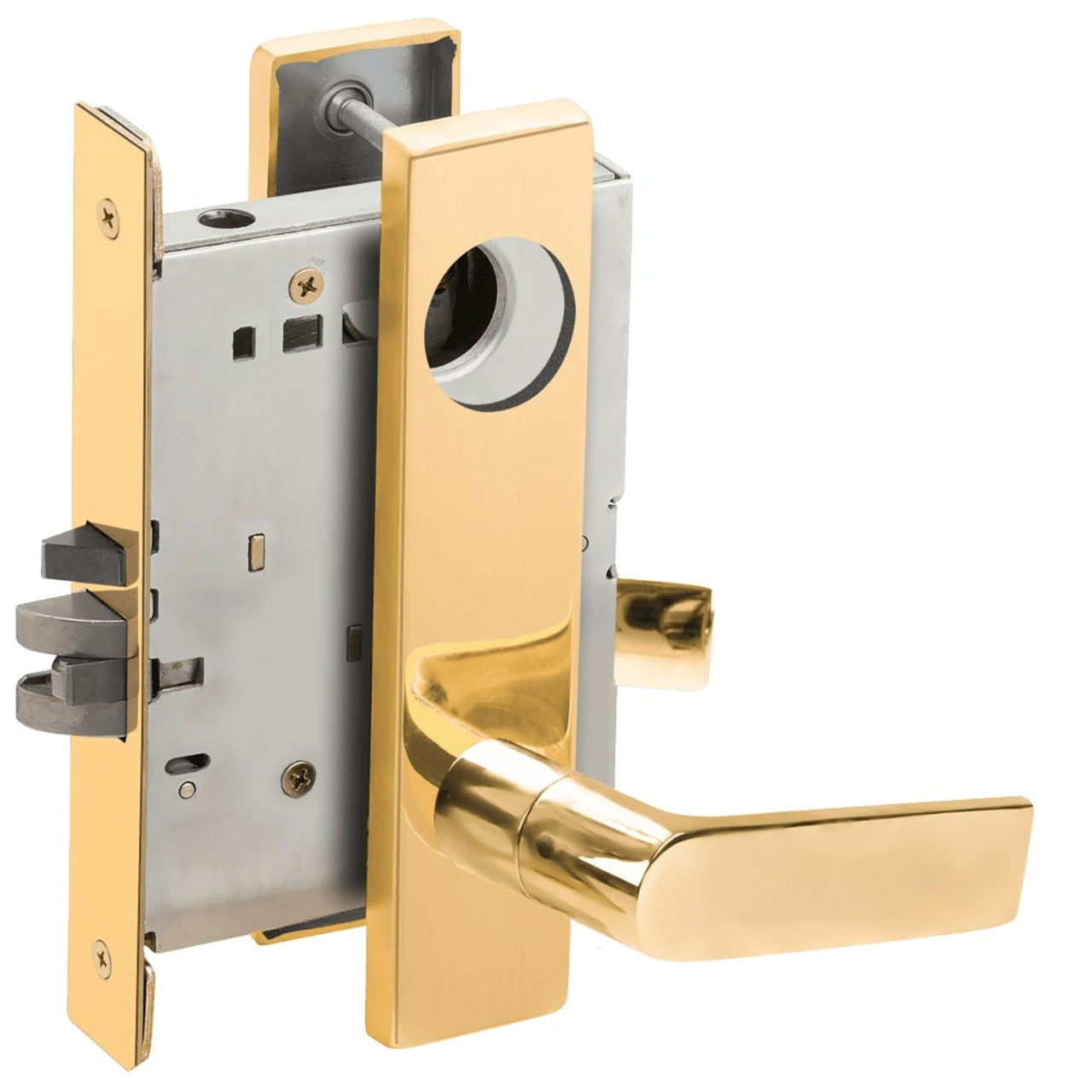 L9076L-01L-605-RX Schlage L Series Less Cylinder Classroom Holdback - Request to Exit Mortise Lock with 01 Cast Lever Design in Bright Brass