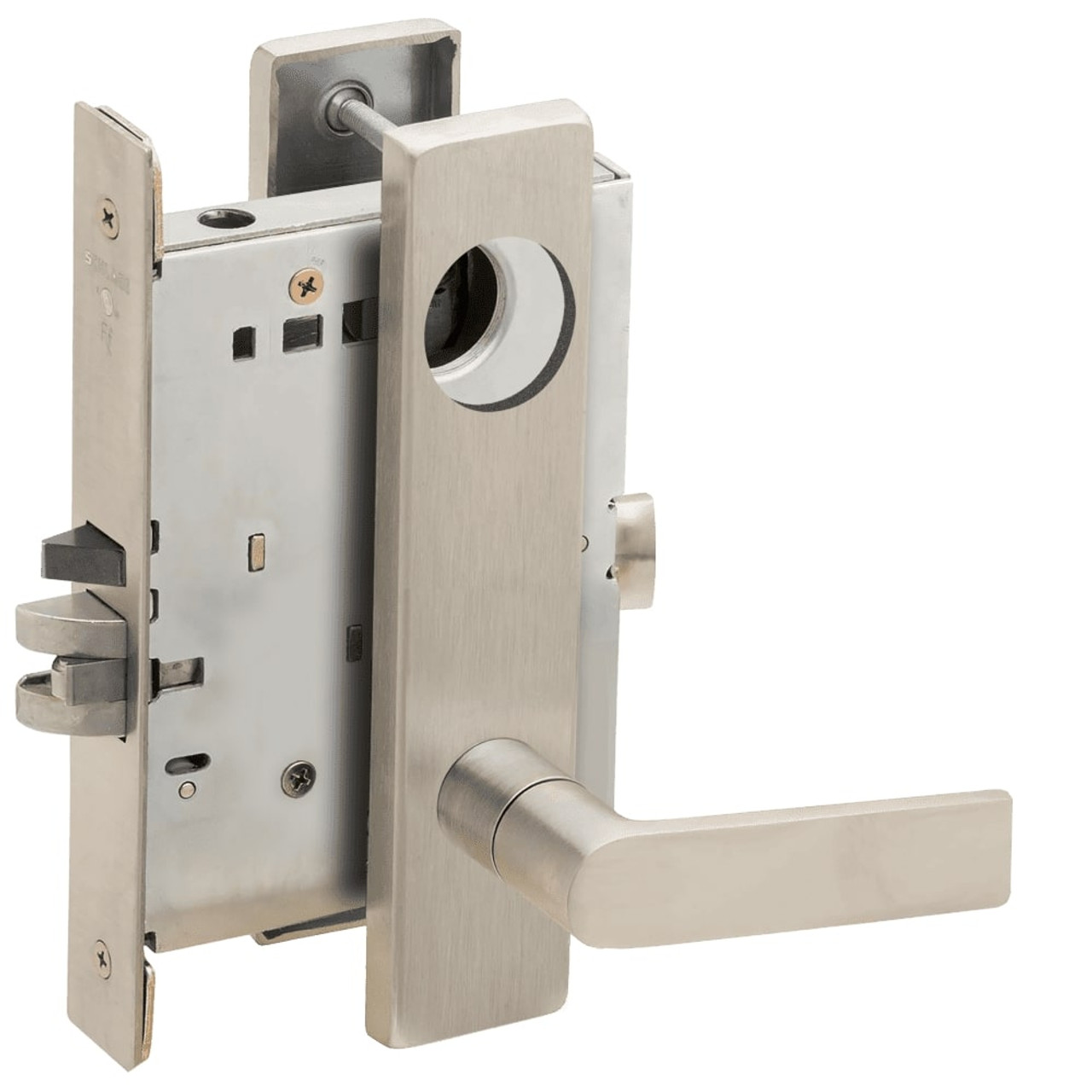 L9076L-01L-619-LX Schlage L Series Less Cylinder Classroom Holdback - Latchbolt Monitor Mortise Lock with 01 Cast Lever Design in Satin Nickel