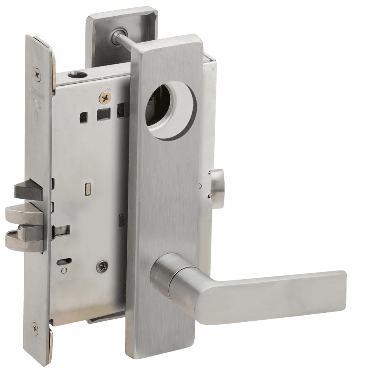 L9076L-01L-630-LX Schlage L Series Less Cylinder Classroom Holdback - Latchbolt Monitor Mortise Lock with 01 Cast Lever Design in Satin Stainless Steel