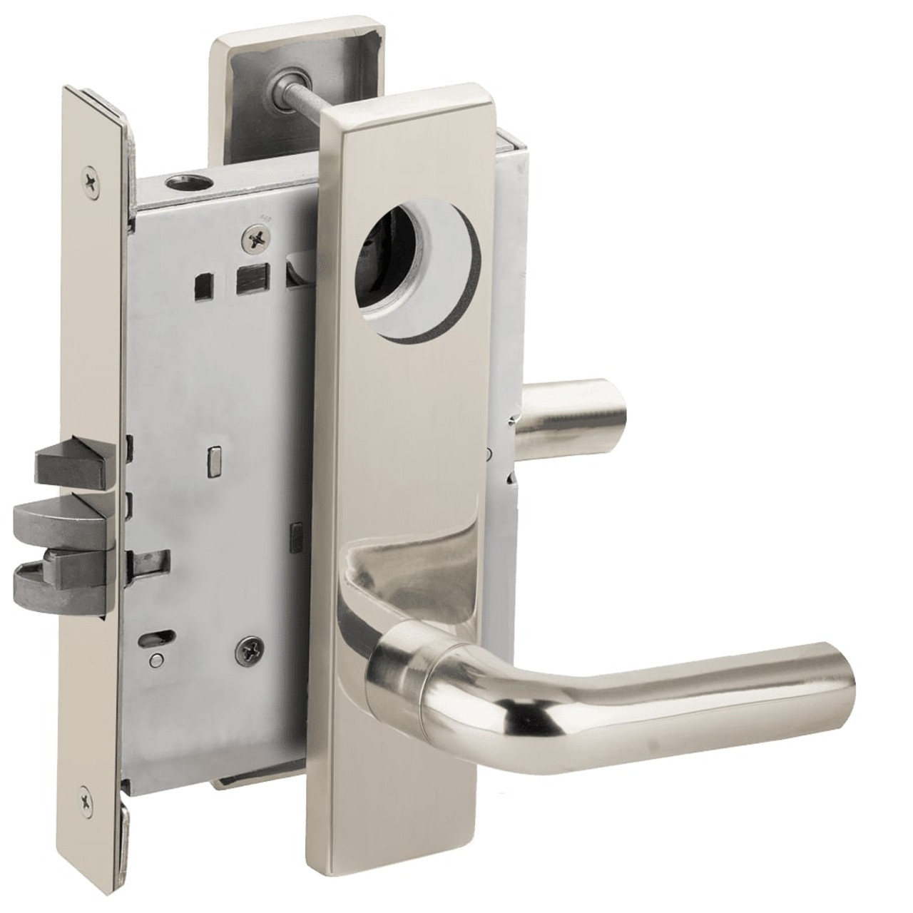 L9076L-02L-629-LX Schlage L Series Less Cylinder Classroom Holdback - Latchbolt Monitor Mortise Lock with 02 Cast Lever Design in Bright Stainless Steel
