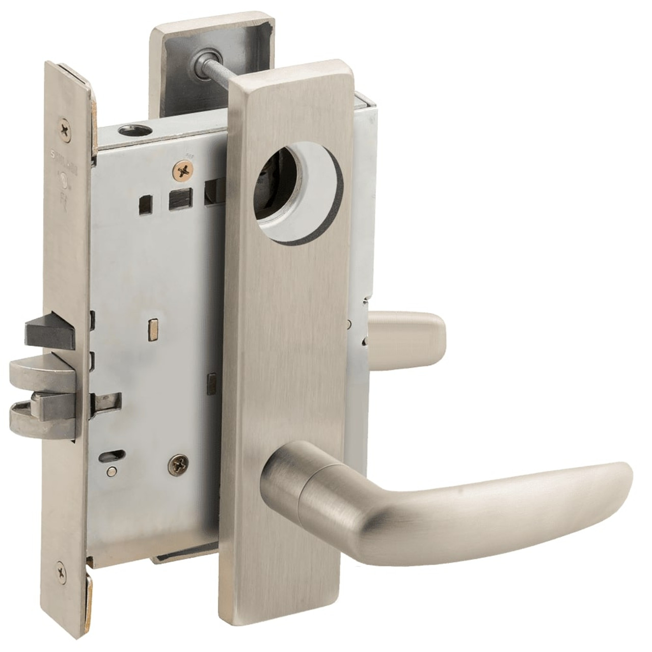 L9076L-07L-619-LX Schlage L Series Less Cylinder Classroom Holdback - Latchbolt Monitor Mortise Lock with 07 Cast Lever Design in Satin Nickel