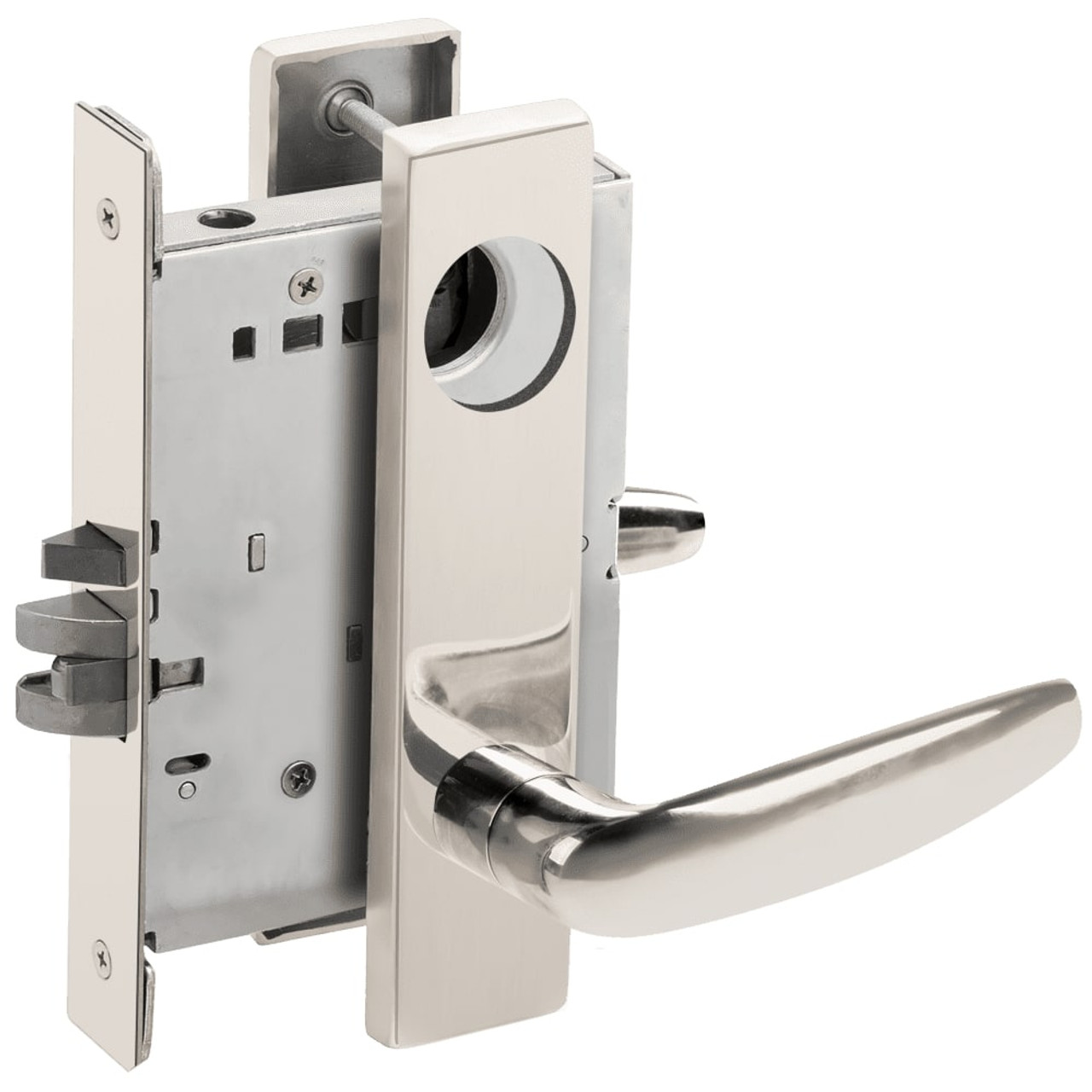 L9076L-07L-629-LX Schlage L Series Less Cylinder Classroom Holdback - Latchbolt Monitor Mortise Lock with 07 Cast Lever Design in Bright Stainless Steel