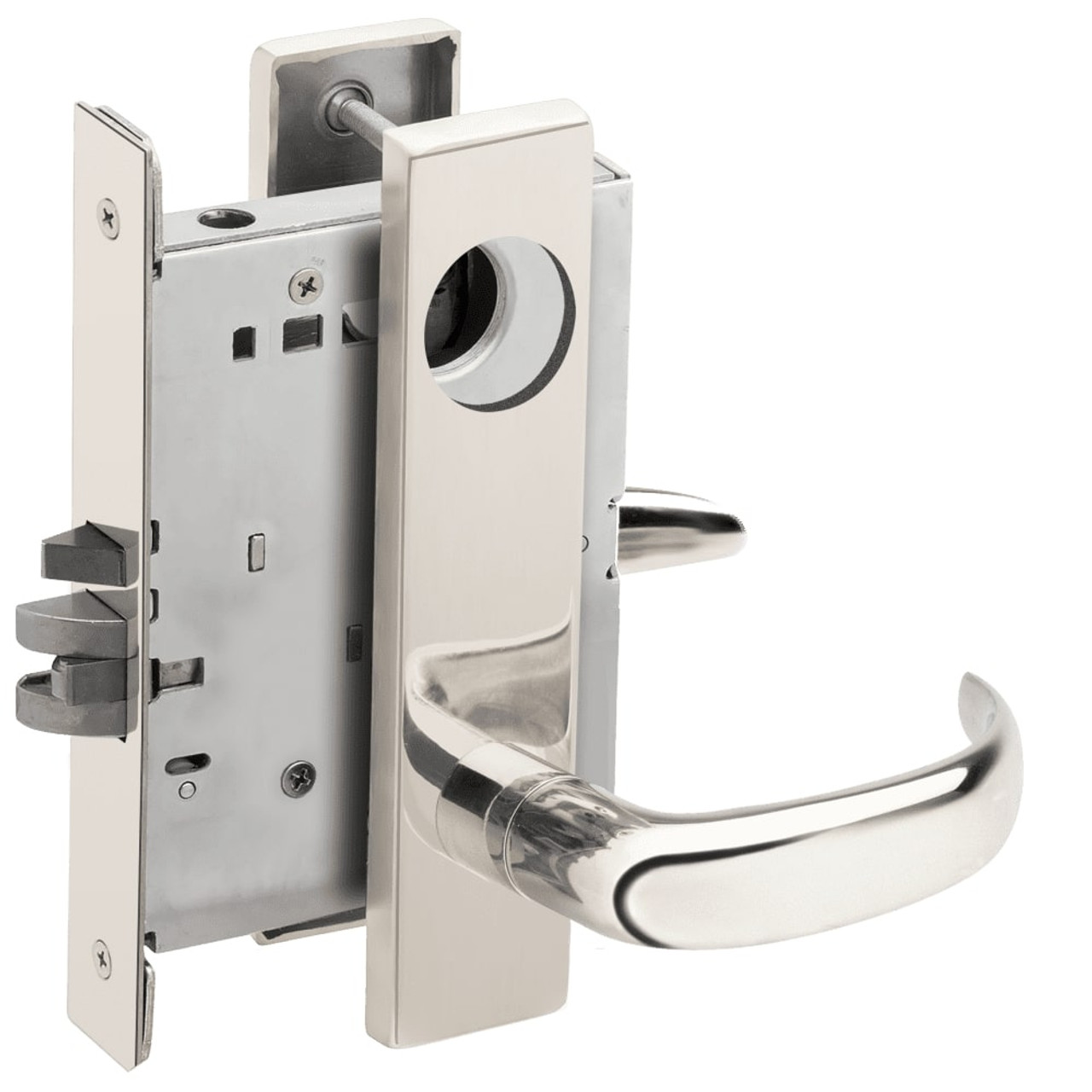 L9076L-17L-629-LX Schlage L Series Less Cylinder Classroom Holdback - Latchbolt Monitor Mortise Lock with 17 Cast Lever Design in Bright Stainless Steel