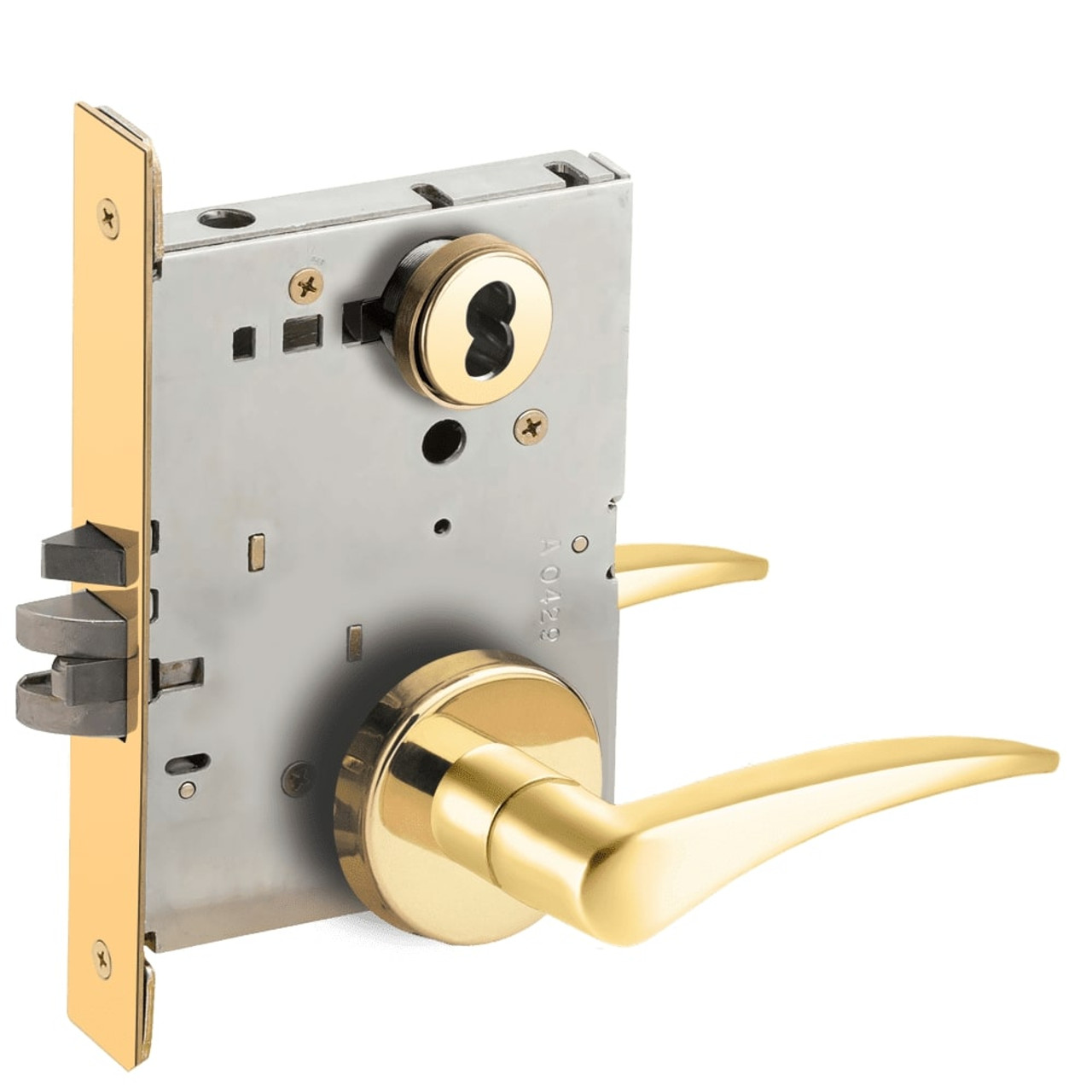 L9076J-12B-605-LH-RX Schlage L Series Classroom Holdback - Request to Exit Mortise Lock with 12 Cast Lever Design Prepped for FSIC in Bright Brass