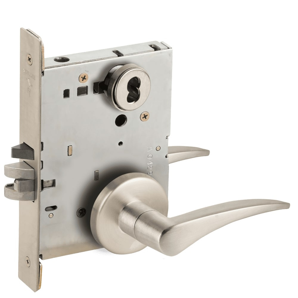 L9076J-12B-619-RH-RX Schlage L Series Classroom Holdback - Request to Exit Mortise Lock with 12 Cast Lever Design Prepped for FSIC in Satin Nickel