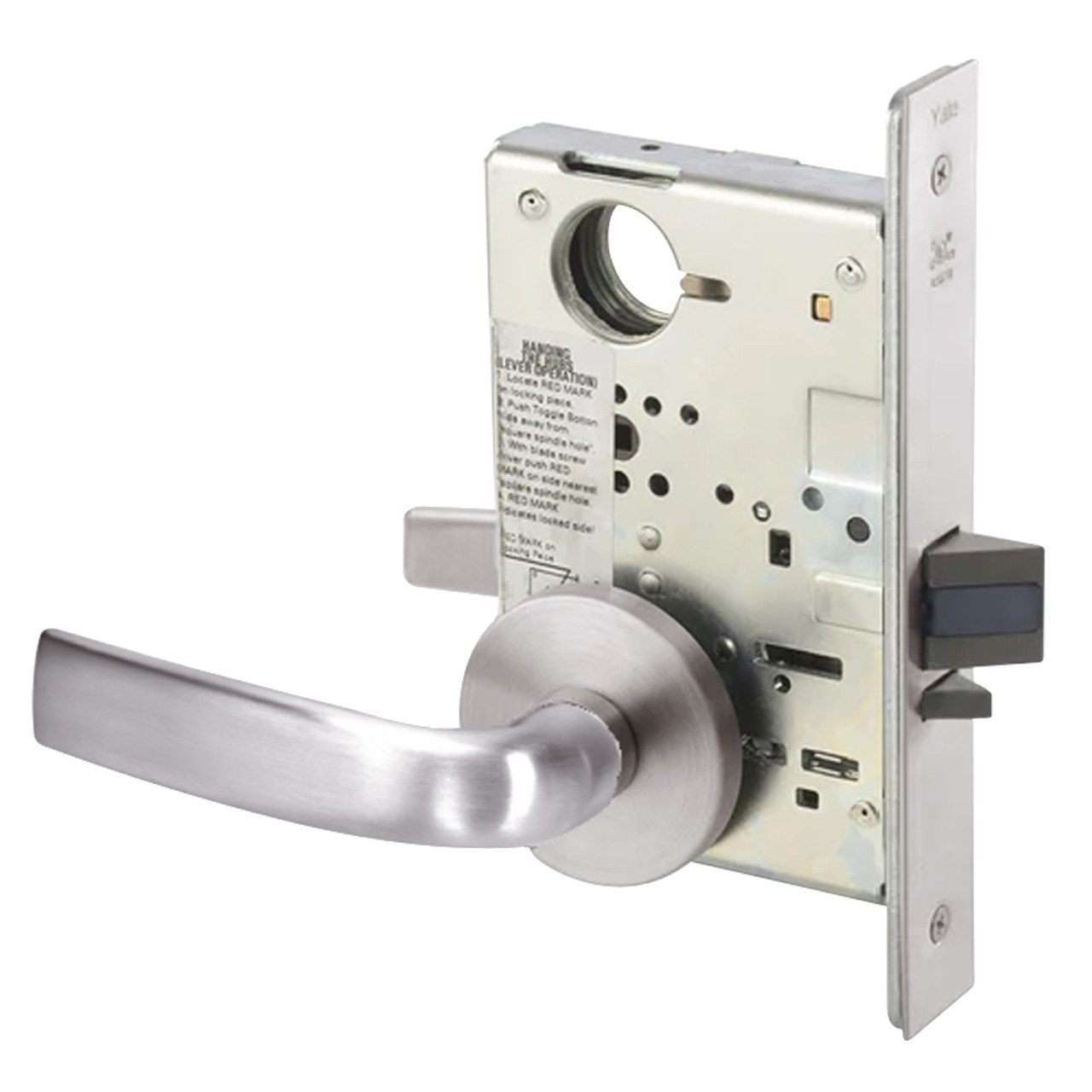 JNR8823FL-630-LC Yale 8800FL Series Less Cylinder with Deadbolt Mortise Storeroom Lock with Indicator with Jefferson Lever Lock Prepped LFIC in Satin Stainless Steel