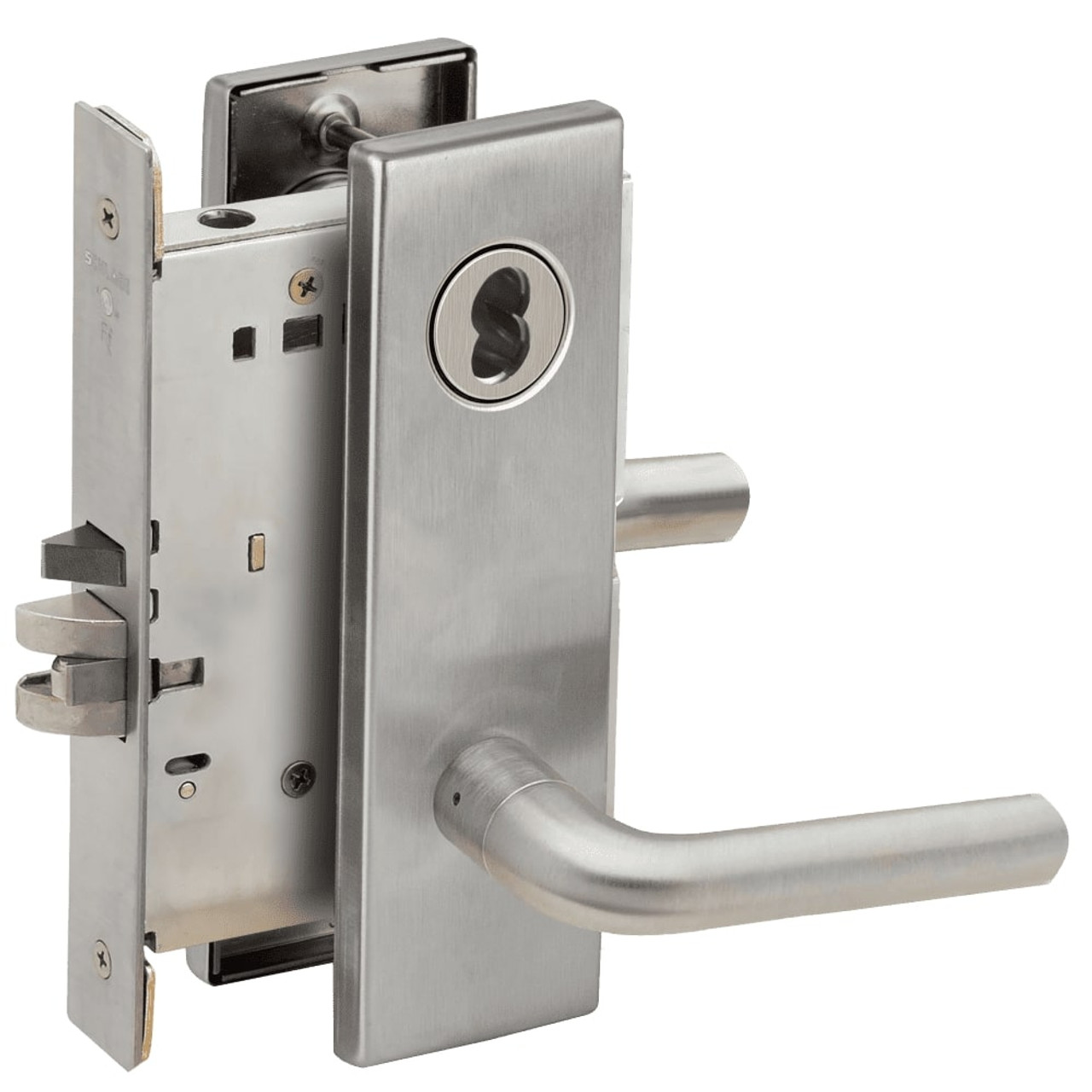 L9076J-02N-630-RX Schlage L Series Classroom Holdback - Request to Exit Mortise Lock with 02 Cast Lever Design Prepped for FSIC in Satin Stainless Steel