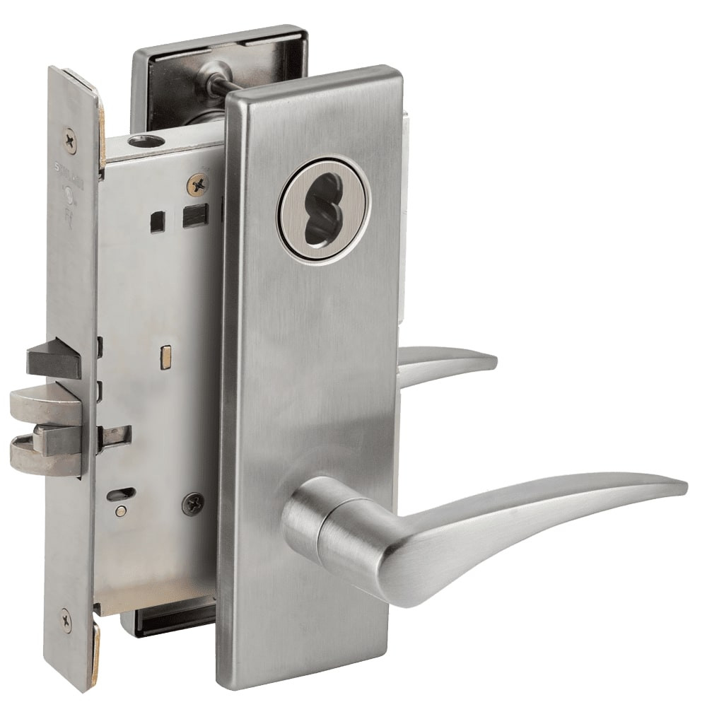 L9076J-12N-630-LH-RX Schlage L Series Classroom Holdback - Request to Exit Mortise Lock with 12 Cast Lever Design Prepped for FSIC in Satin Stainless Steel