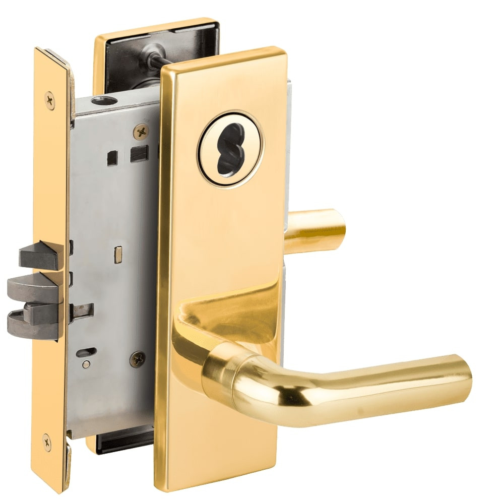 L9076J-02N-605-LX Schlage L Series Classroom Holdback - Latchbolt Monitor Mortise Lock with 02 Cast Lever Design Prepped for FSIC in Bright Brass
