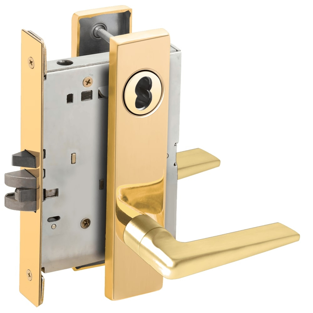 L9076J-05L-605-RX Schlage L Series Classroom Holdback - Request to Exit Mortise Lock with 05 Cast Lever Design Prepped for FSIC in Bright Brass
