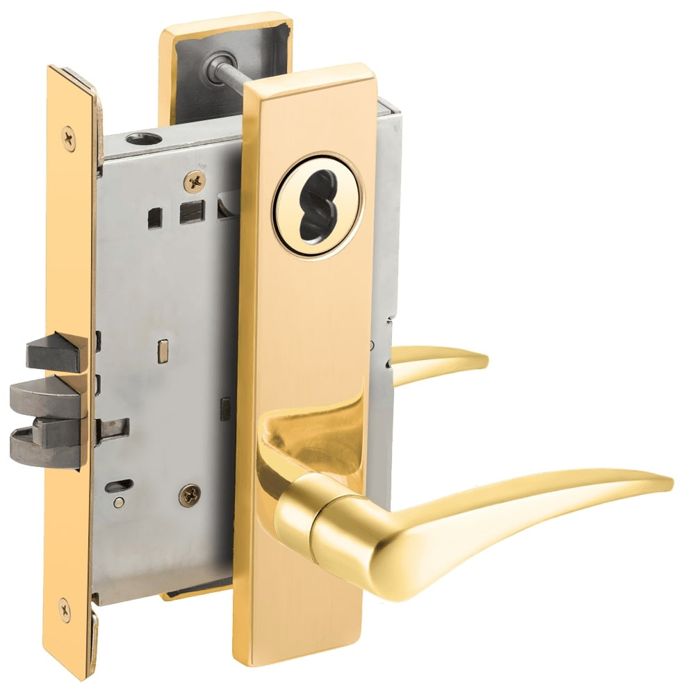 L9076J-12L-605-RH-RX Schlage L Series Classroom Holdback - Request to Exit Mortise Lock with 12 Cast Lever Design Prepped for FSIC in Bright Brass
