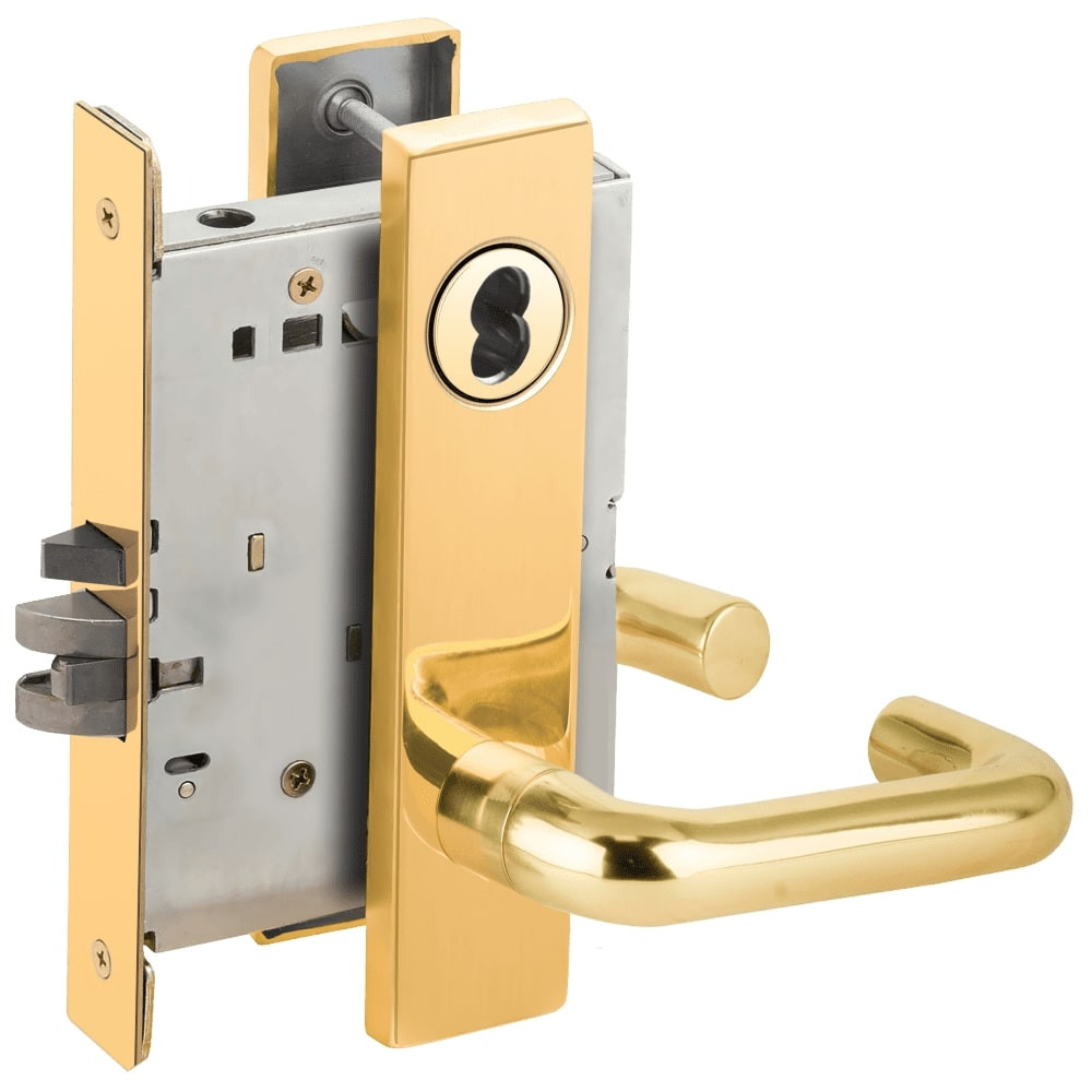 L9076J-03L-605-LX Schlage L Series Classroom Holdback - Latchbolt Monitor Mortise Lock with 03 Cast Lever Design Prepped for FSIC in Bright Brass