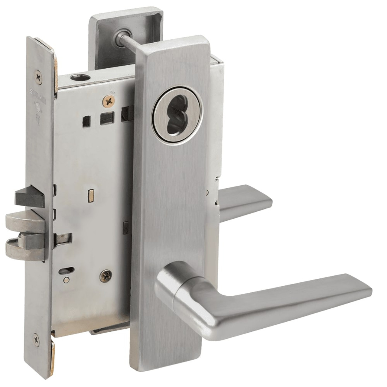 L9076J-05L-630-LX Schlage L Series Classroom Holdback - Latchbolt Monitor Mortise Lock with 05 Cast Lever Design Prepped for FSIC in Satin Stainless Steel