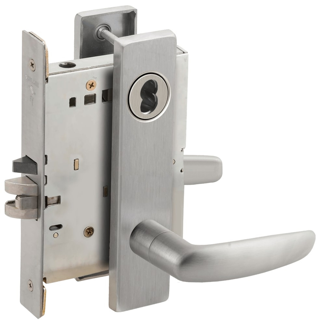L9076J-07L-630-LX Schlage L Series Classroom Holdback - Latchbolt Monitor Mortise Lock with 07 Cast Lever Design Prepped for FSIC in Satin Stainless Steel