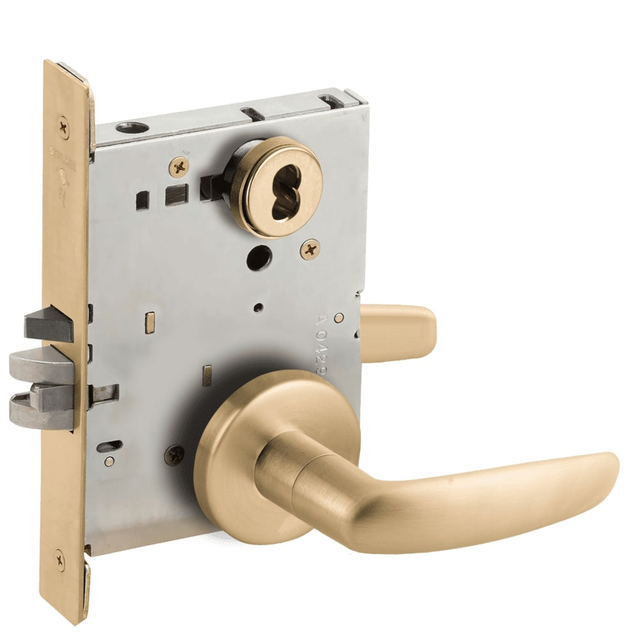 L9076B-07B-606 Schlage L Series Classroom Holdback Mortise Lock with 07 Cast Lever Design Prepped for SFIC in Satin Brass