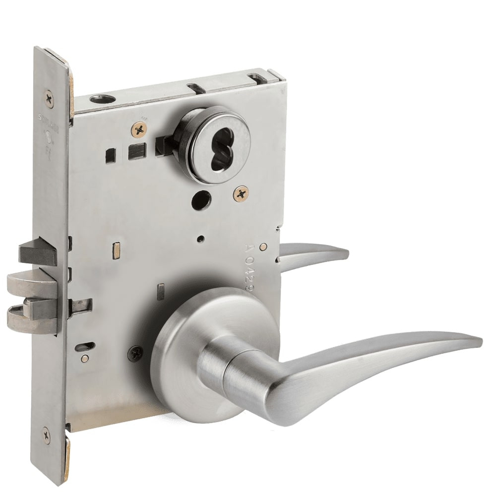 L9076B-12B-630-RH Schlage L Series Classroom Holdback Mortise Lock with 12 Cast Lever Design Prepped for SFIC in Satin Stainless Steel