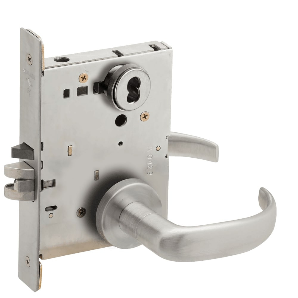 L9076B-17A-630 Schlage L Series Classroom Holdback Mortise Lock with 17 Cast Lever Design Prepped for SFIC in Satin Stainless Steel