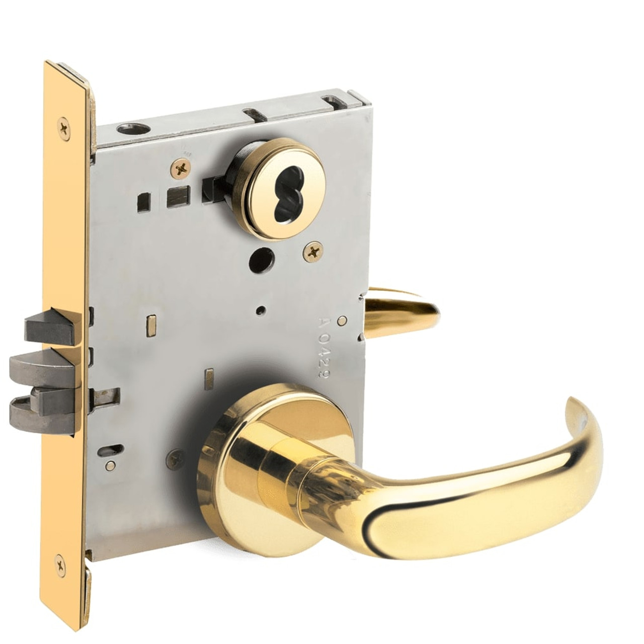 L9076B-17B-605 Schlage L Series Classroom Holdback Mortise Lock with 17 Cast Lever Design Prepped for SFIC in Bright Brass