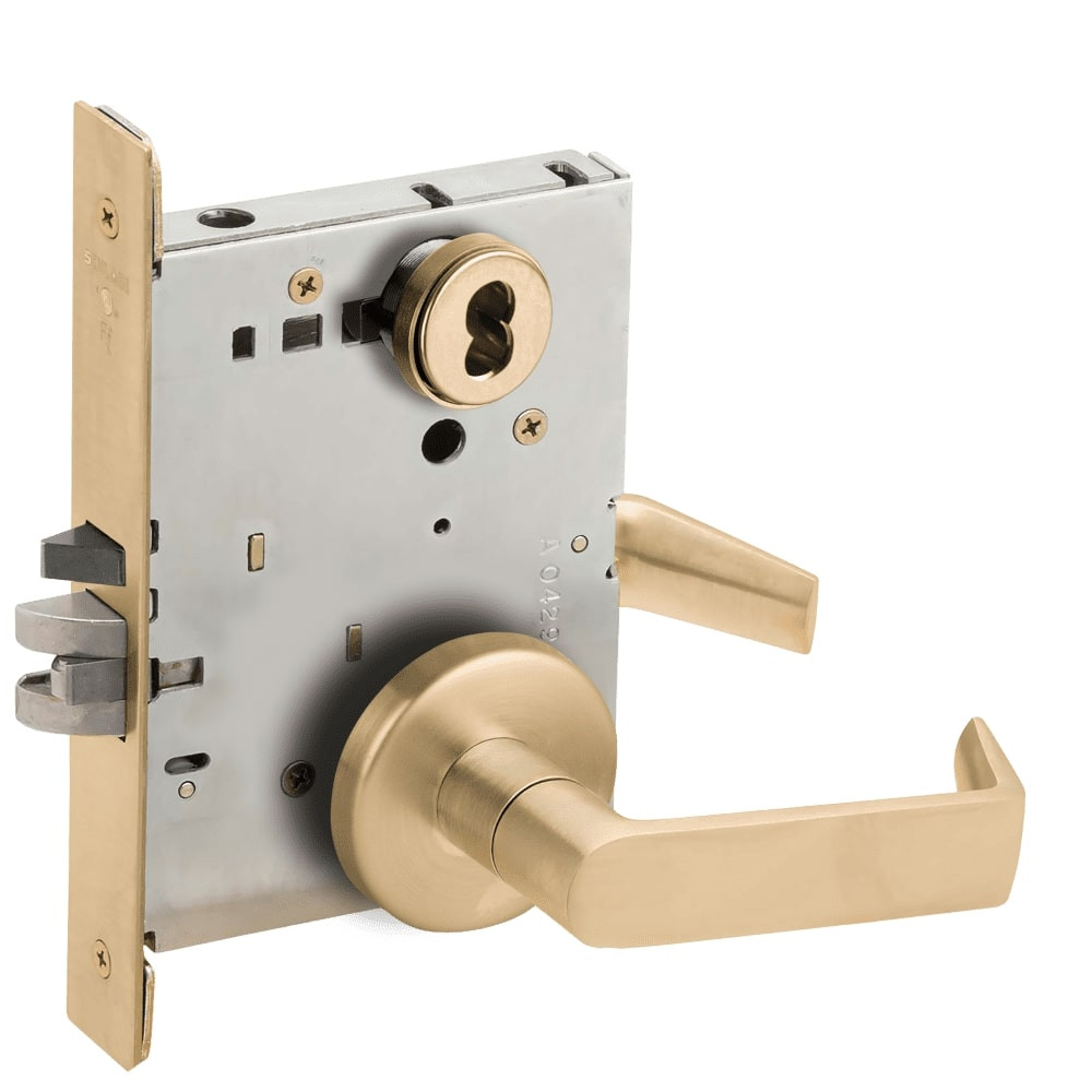 L9076B-06B-606-RX Schlage L Series Classroom Holdback - Request to Exit Mortise Lock with 06 Cast Lever Design Prepped for SFIC in Satin Brass