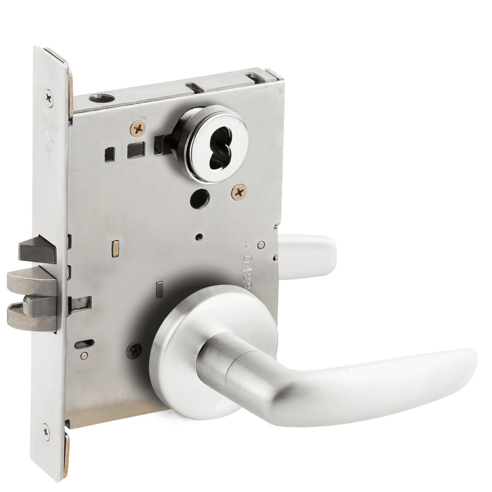L9076B-07B-625-RX Schlage L Series Classroom Holdback - Request to Exit Mortise Lock with 07 Cast Lever Design Prepped for SFIC in Bright Chrome
