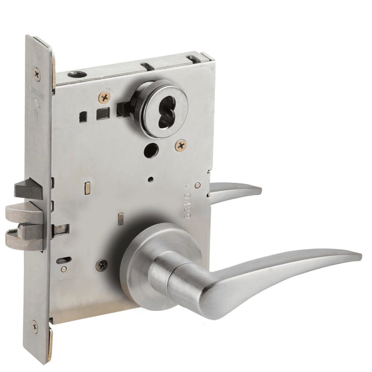 L9076B-12A-626-RH-RX Schlage L Series Classroom Holdback - Request to Exit Mortise Lock with 12 Cast Lever Design Prepped for SFIC in Satin Chrome