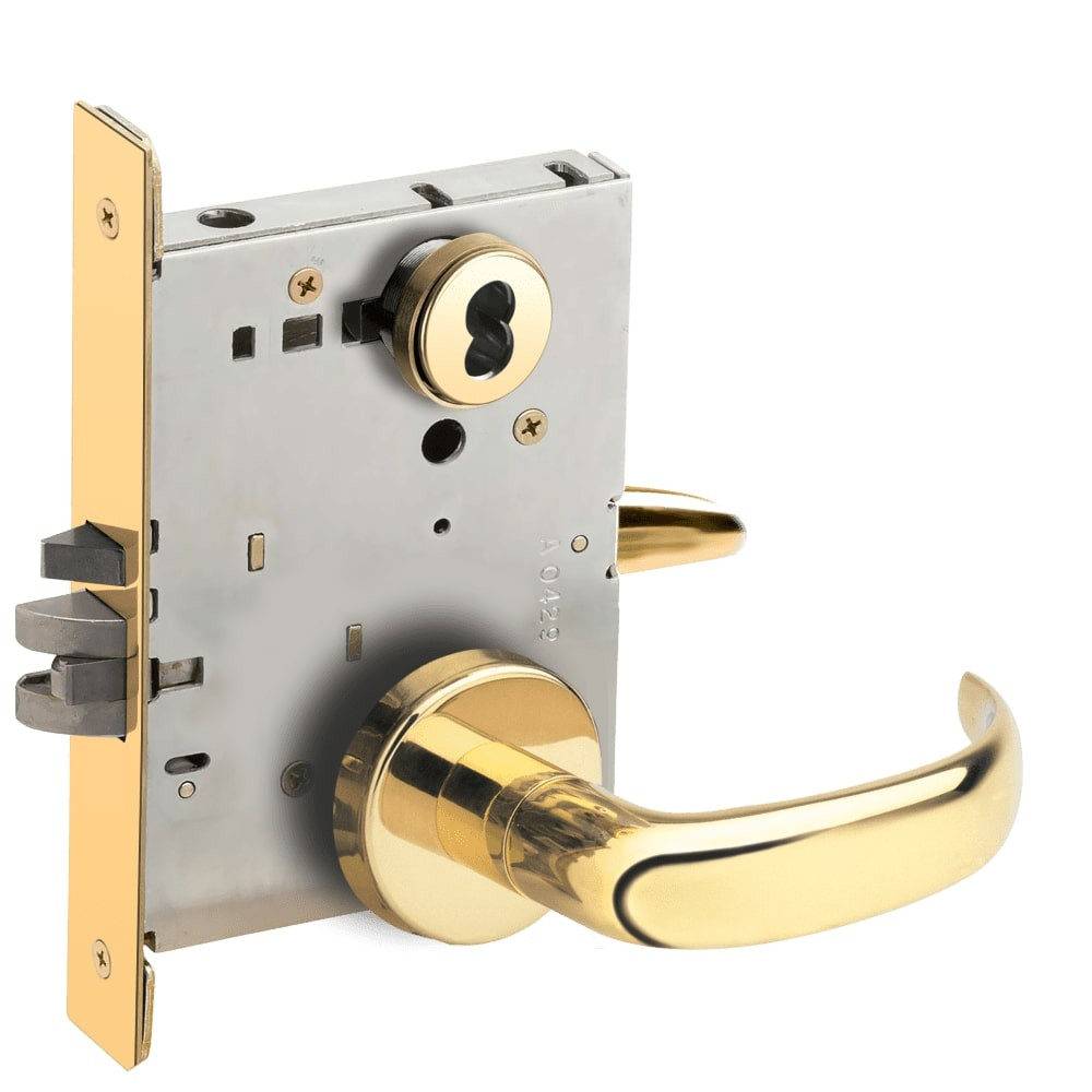 L9076B-17B-605-RX Schlage L Series Classroom Holdback - Request to Exit Mortise Lock with 17 Cast Lever Design Prepped for SFIC in Bright Brass