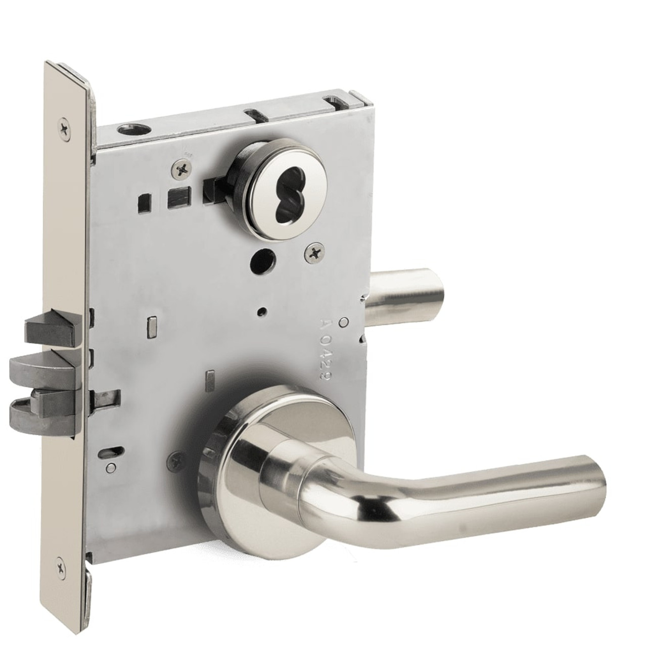 L9076B-02B-629-LX Schlage L Series Classroom Holdback - Latchbolt Monitor Mortise Lock with 02 Cast Lever Design Prepped for SFIC in Bright Stainless Steel