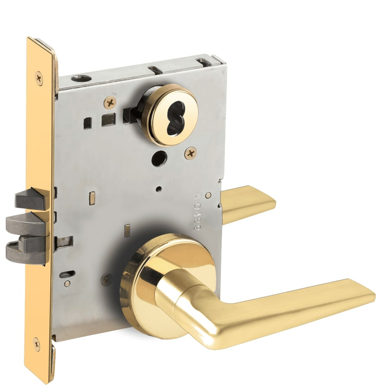 L9076B-05B-605-LX Schlage L Series Classroom Holdback - Latchbolt Monitor Mortise Lock with 05 Cast Lever Design Prepped for SFIC in Bright Brass