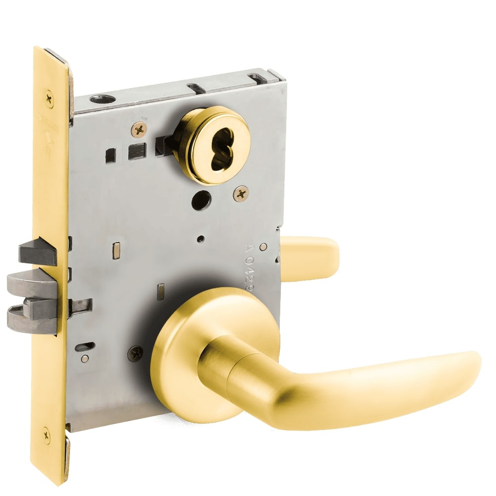 L9076B-07B-605-LX Schlage L Series Classroom Holdback - Latchbolt Monitor Mortise Lock with 07 Cast Lever Design Prepped for SFIC in Bright Brass