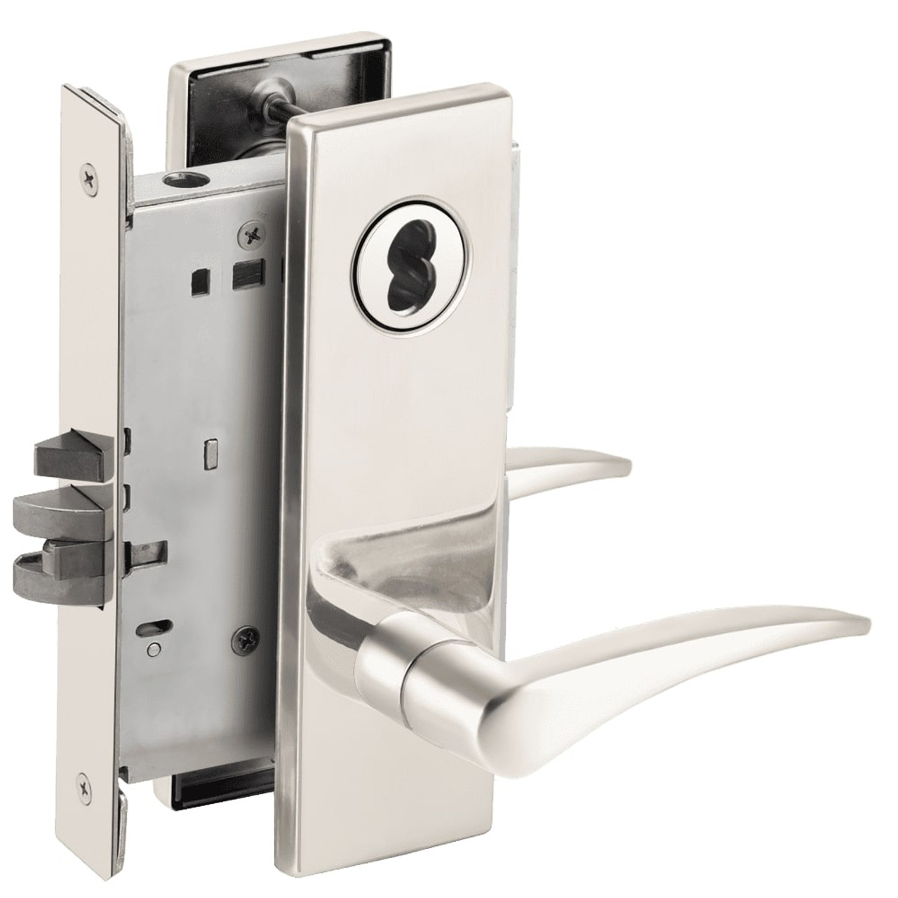 L9076B-12N-625-LH-RX Schlage L Series Classroom Holdback - Request to Exit Mortise Lock with 12 Cast Lever Design Prepped for SFIC in Bright Chrome