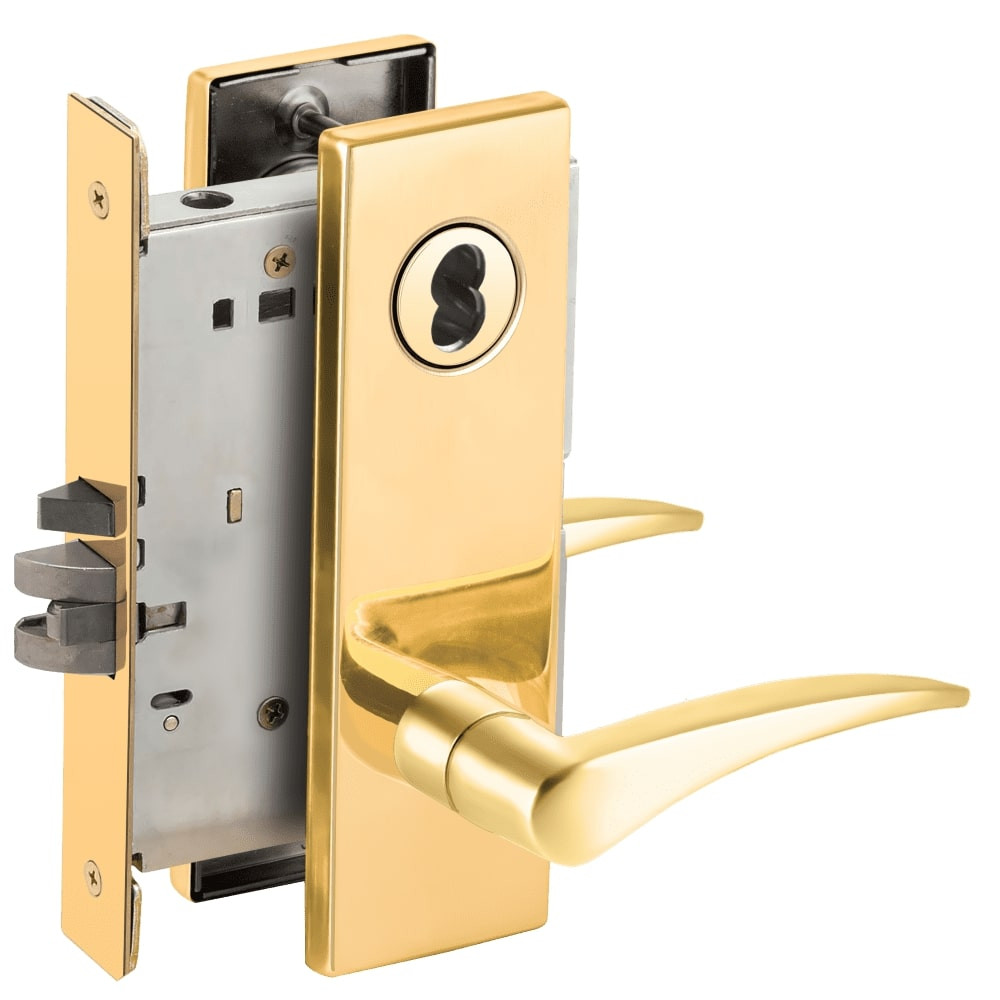 L9076B-12N-605-RH-RX Schlage L Series Classroom Holdback - Request to Exit Mortise Lock with 12 Cast Lever Design Prepped for SFIC in Bright Brass
