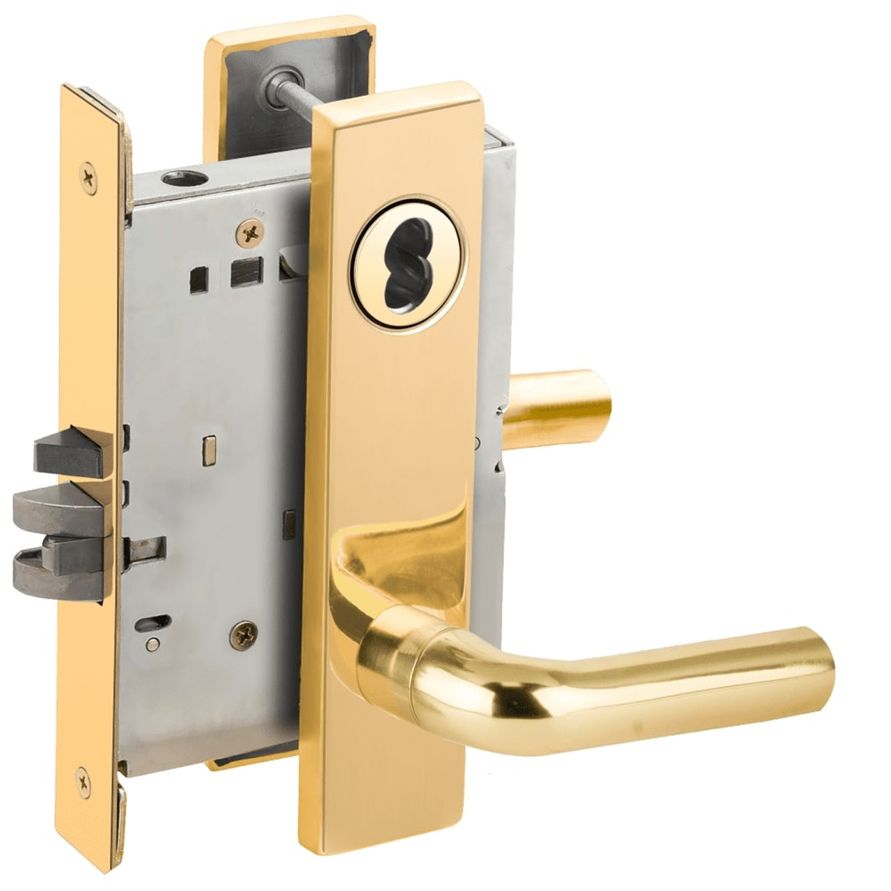 L9076B-02L-605 Schlage L Series Classroom Holdback Mortise Lock with 02 Cast Lever Design Prepped for SFIC in Bright Brass