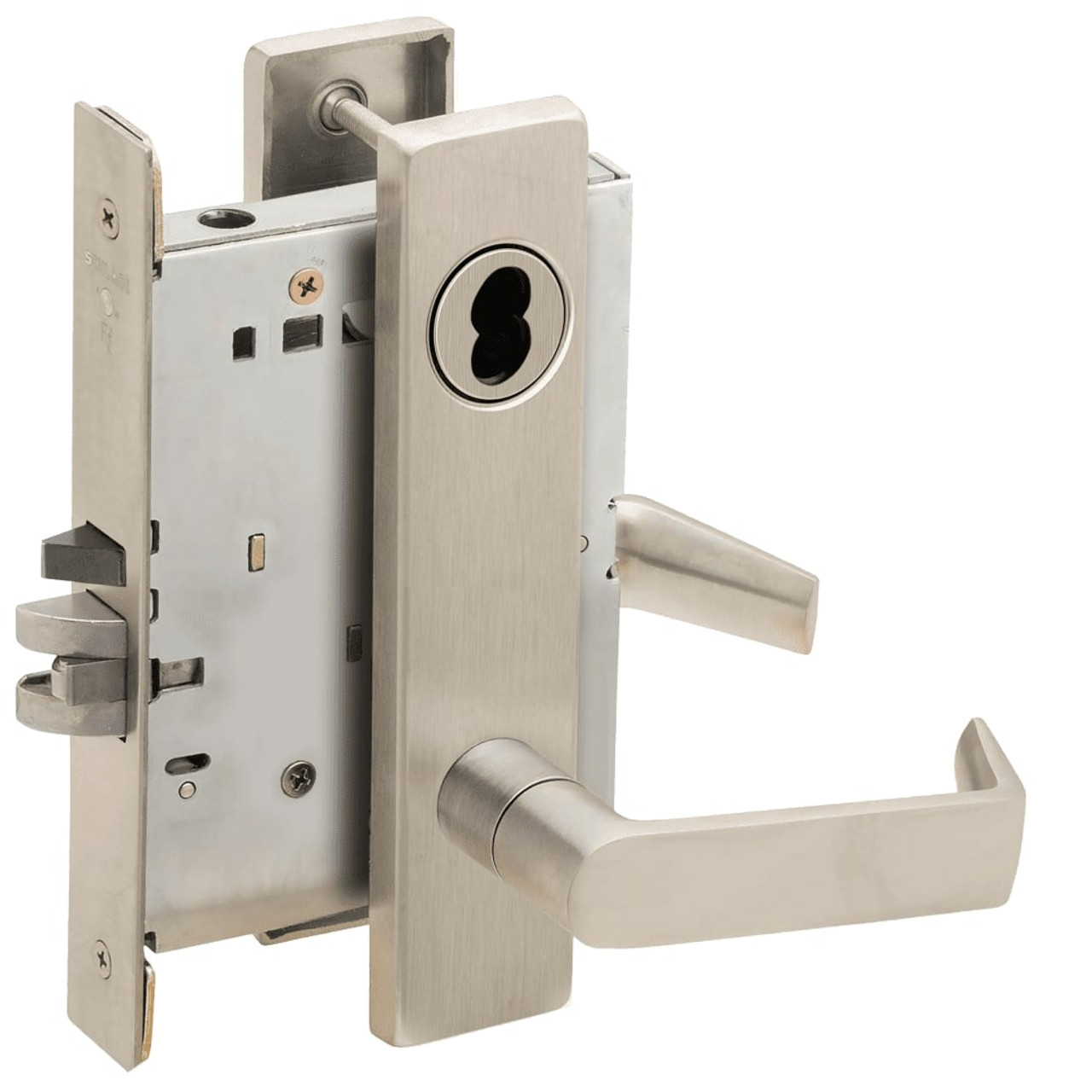 L9076B-06L-619 Schlage L Series Classroom Holdback Mortise Lock with 06 Cast Lever Design Prepped for SFIC in Satin Nickel
