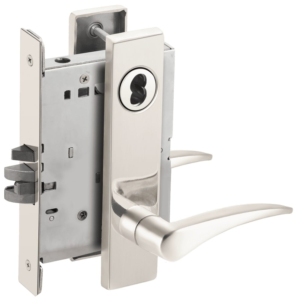 L9076B-12L-629-LH Schlage L Series Classroom Holdback Mortise Lock with 12 Cast Lever Design Prepped for SFIC in Bright Stainless Steel