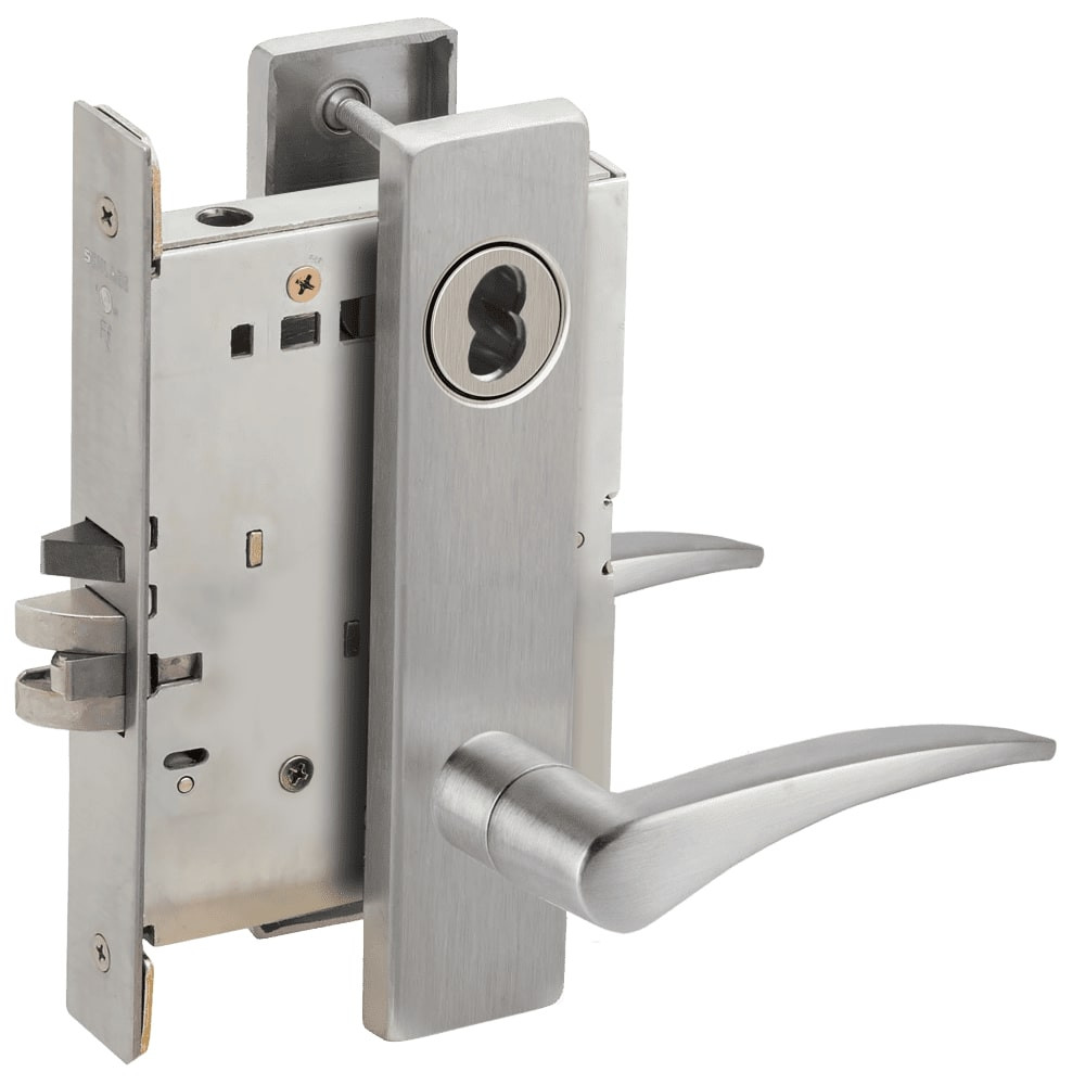 L9076B-12L-630-RH Schlage L Series Classroom Holdback Mortise Lock with 12 Cast Lever Design Prepped for SFIC in Satin Stainless Steel