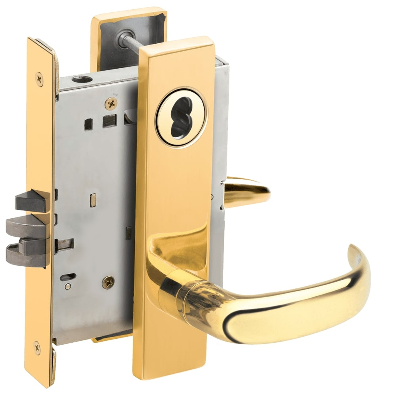 L9076B-17L-605 Schlage L Series Classroom Holdback Mortise Lock with 17 Cast Lever Design Prepped for SFIC in Bright Brass
