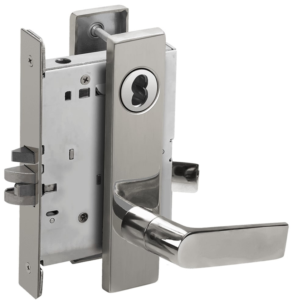 L9076B-01L-629-RX Schlage L Series Classroom Holdback - Request to Exit Mortise Lock with 01 Cast Lever Design Prepped for SFIC in Bright Stainless Steel