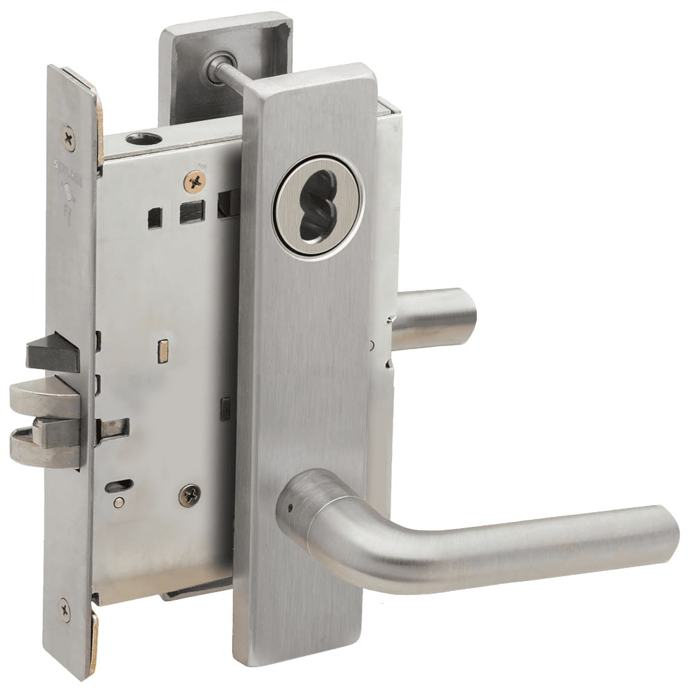 L9076B-02L-626-RX Schlage L Series Classroom Holdback - Request to Exit Mortise Lock with 02 Cast Lever Design Prepped for SFIC in Satin Chrome